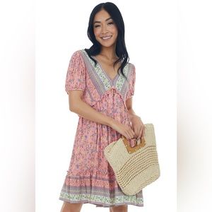 Punch Floral Print V Neck Ruffled Short Dress